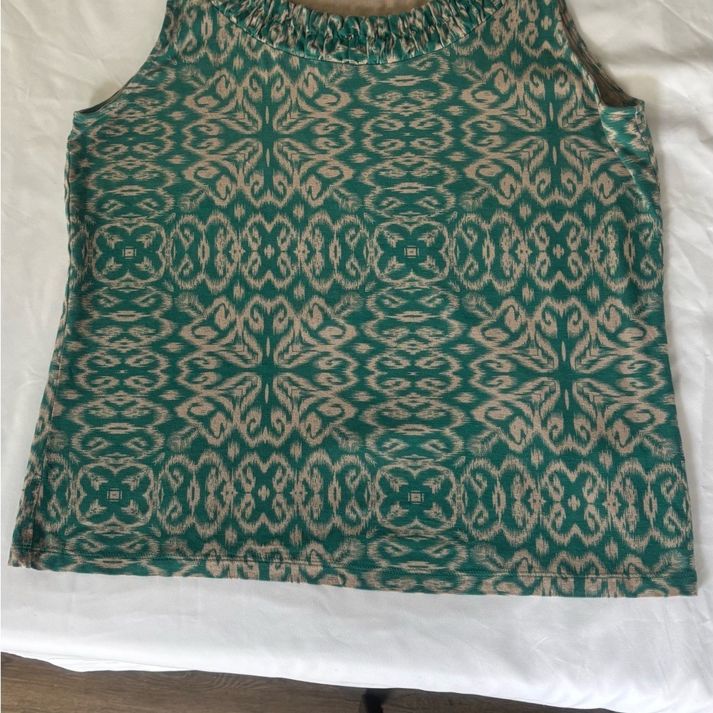 DKNY Green Tan Ikat Geometric Ruffle Neck Sleeveless Tank Top XL - Picture 5 of 8
